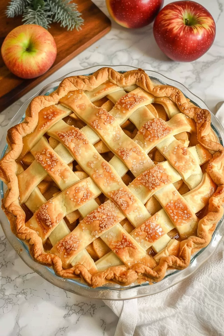 A full apple pie served in a glass pie dish, featuring a rich, caramelized filling peeking through the lattice crust.