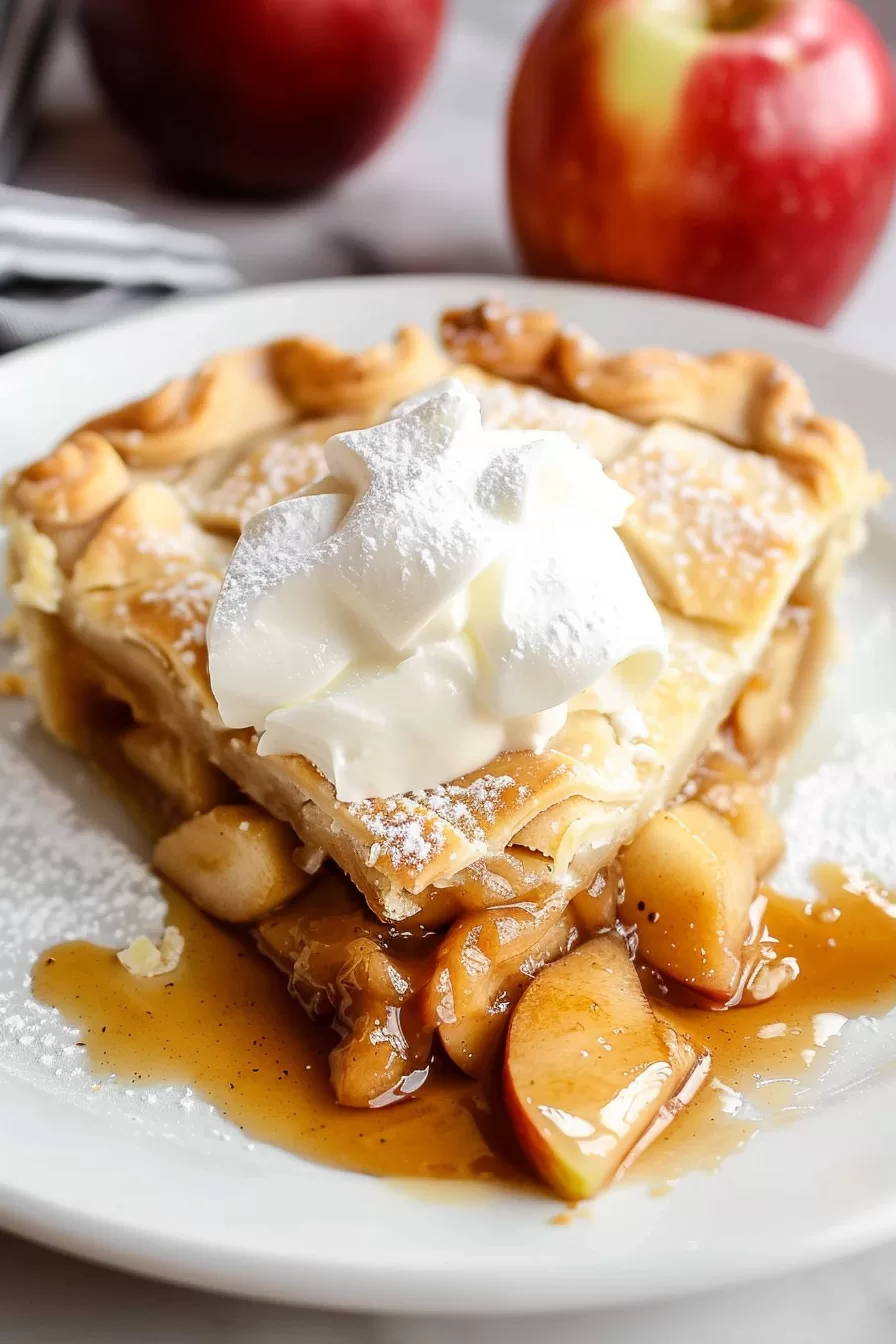 A slice of apple pie topped with whipped cream, revealing tender cinnamon-spiced apple filling and flaky crust.