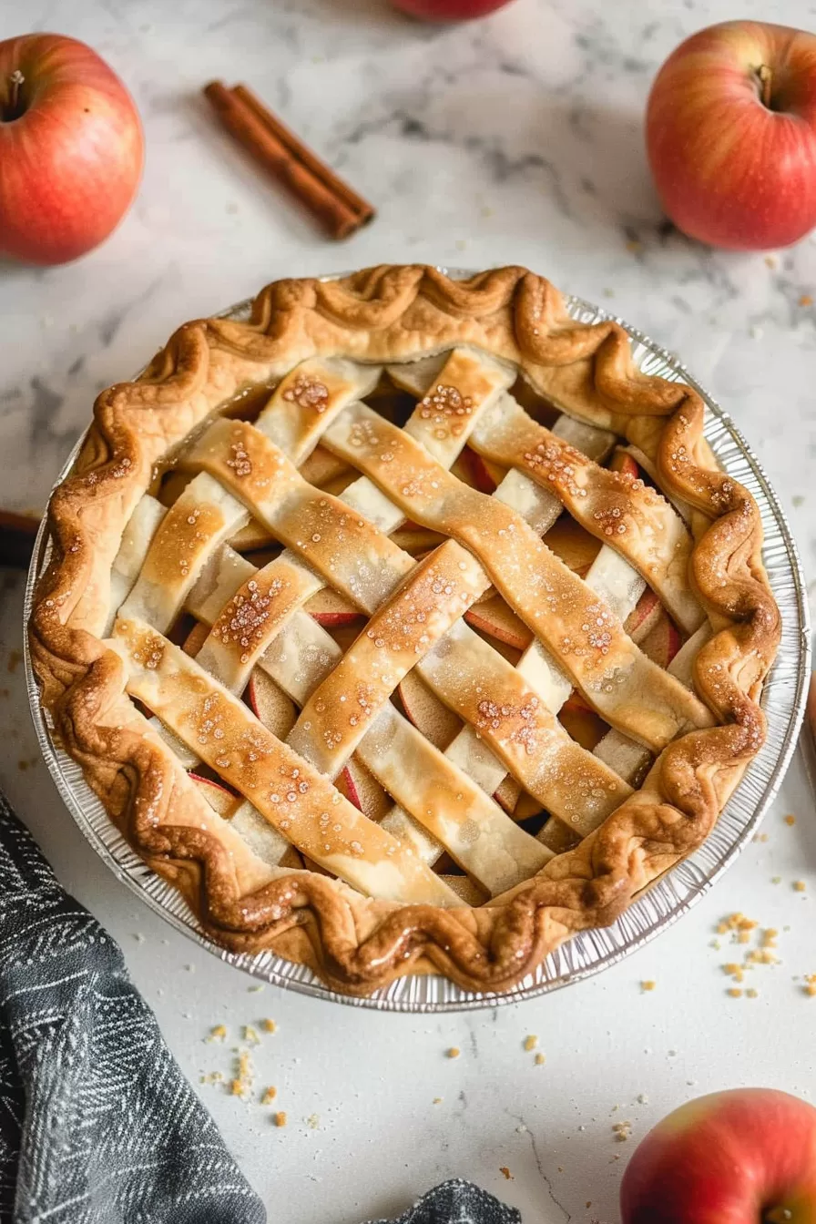 A classic apple pie with a beautifully crimped edge and a sugar-dusted lattice crust, surrounded by fresh apples and cinnamon sticks.