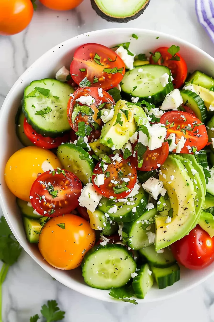 Close-up of a fresh avocado, tomato, and cucumber salad, highlighting the bright red cherry tomatoes and creamy avocado slices.