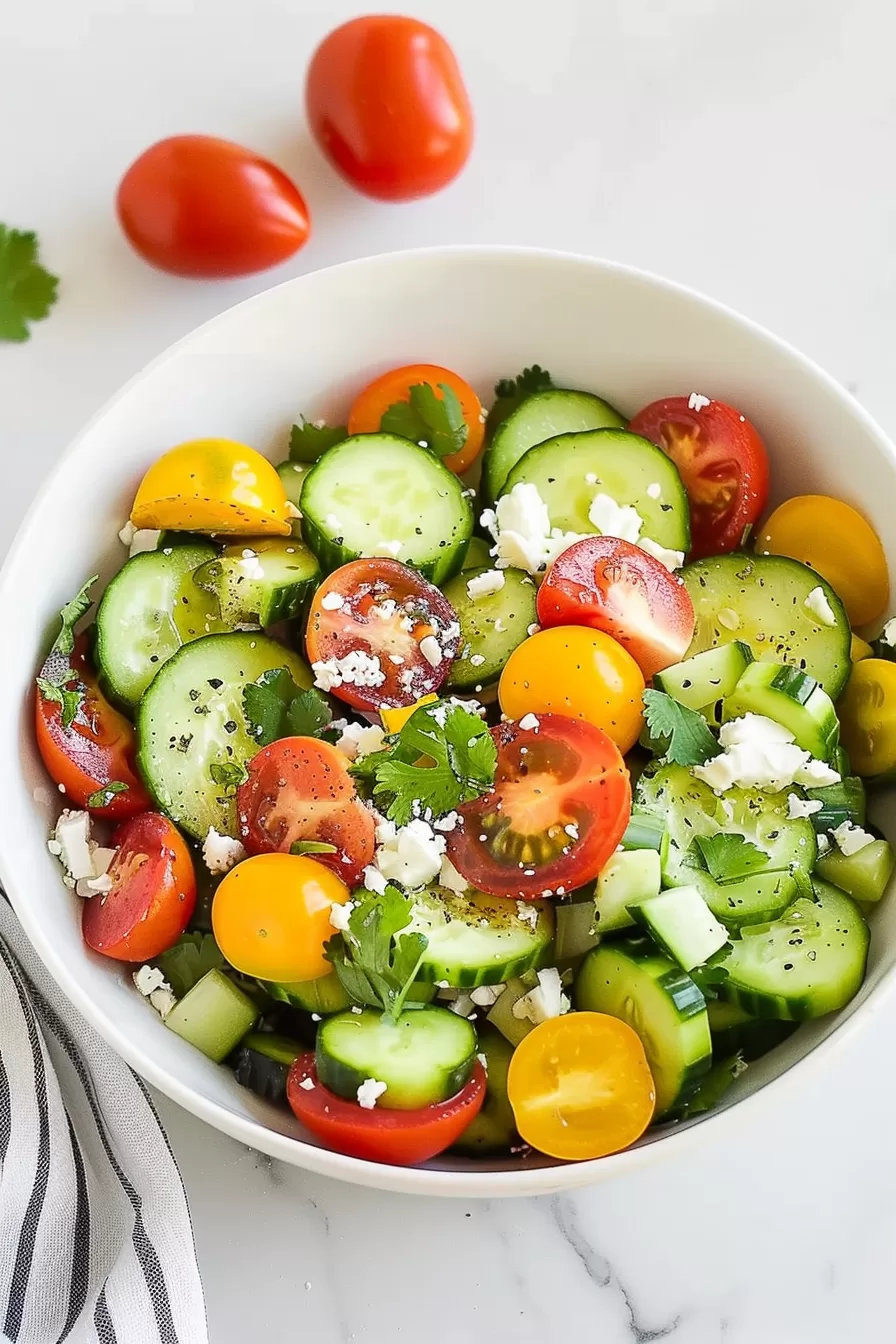 A colorful summer salad with sliced avocado, cherry tomatoes, cucumber, and feta cheese, garnished with fresh herbs in a white bowl.