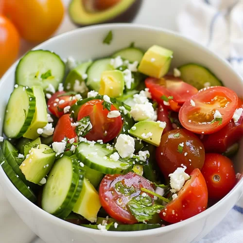 A healthy bowl of cucumber, tomato, and avocado salad, sprinkled with feta cheese crumbles and freshly chopped parsley.