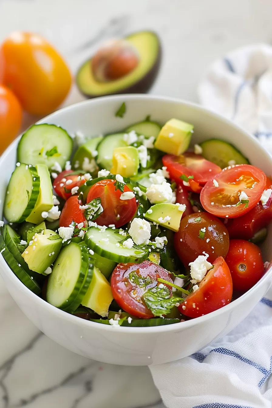 A healthy bowl of cucumber, tomato, and avocado salad, sprinkled with feta cheese crumbles and freshly chopped parsley.