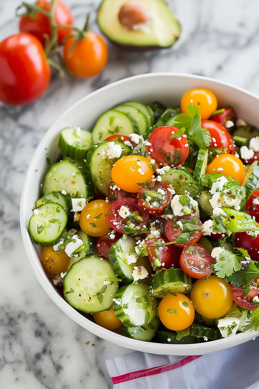 Vibrant salad featuring avocado chunks, halved cherry tomatoes, cucumber slices, and crumbled feta, perfect for a summer meal.