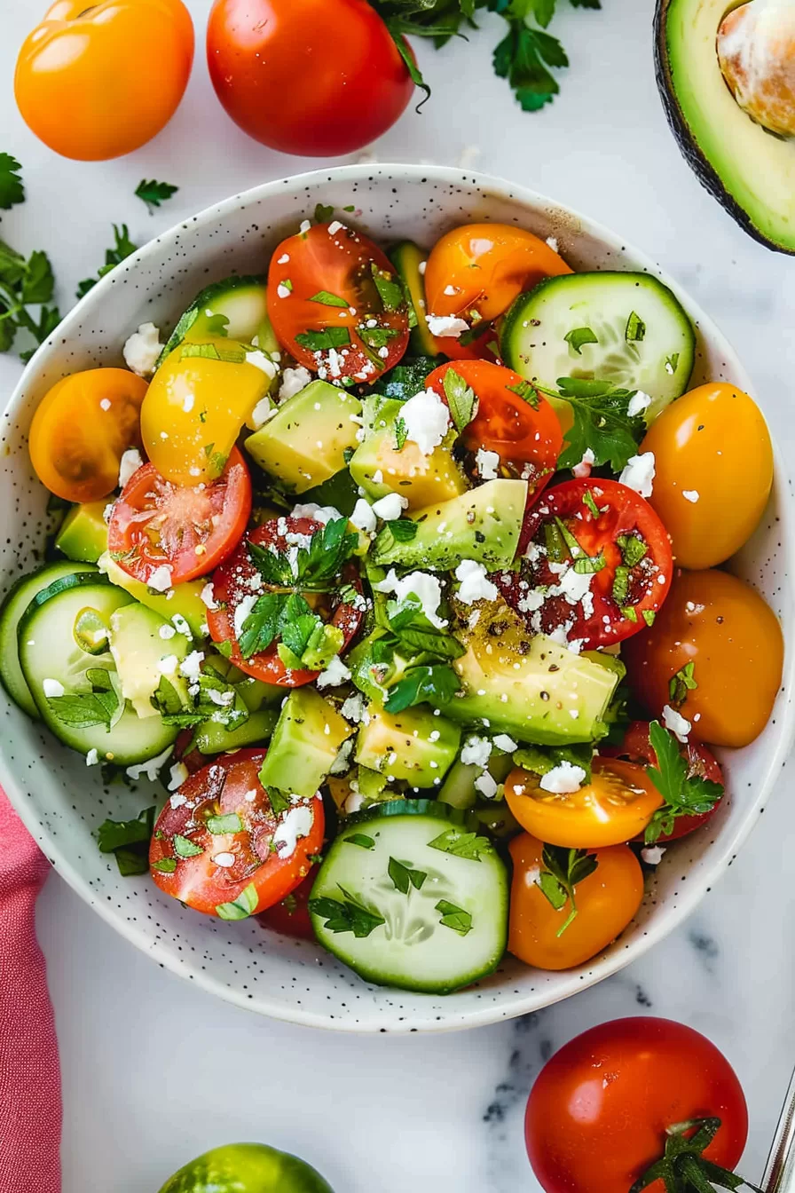 A fresh salad of avocado, tomato, and cucumber served in a ceramic bowl, showcasing bright colors and a mix of textures.