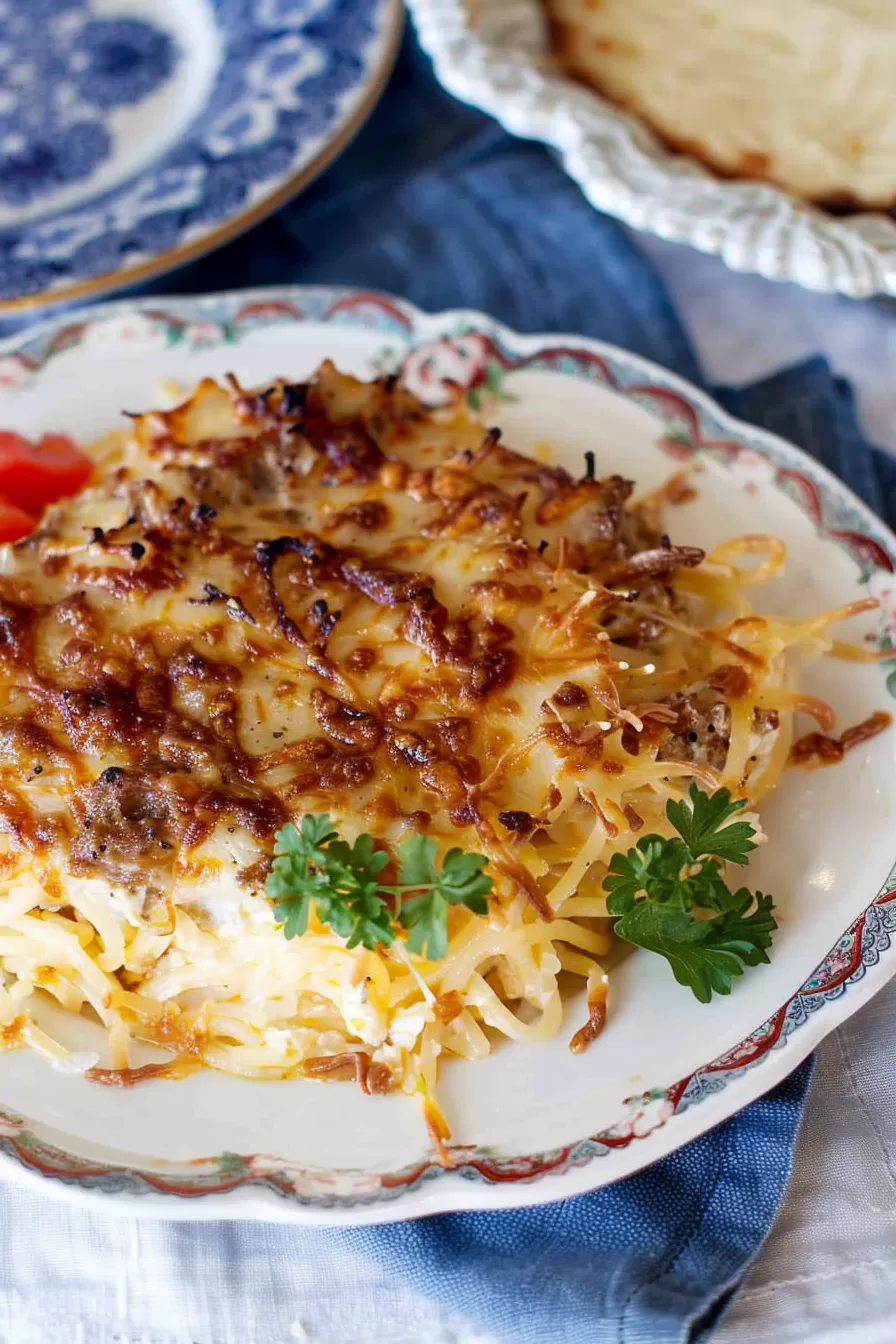 A slice of baked cream cheese spaghetti served on a decorative plate, topped with fresh basil leaves for a pop of color.