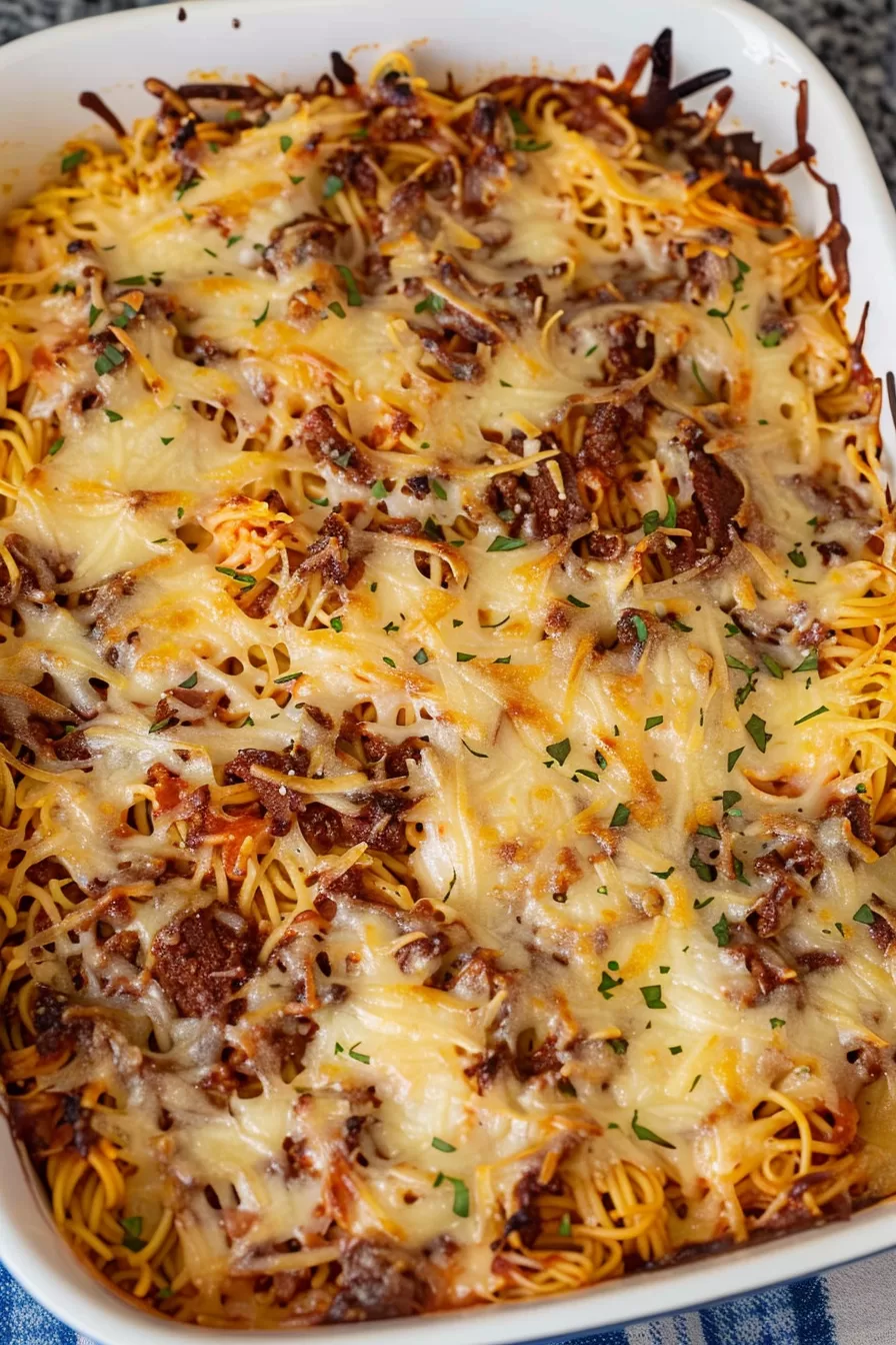 A full casserole dish filled with cheesy baked spaghetti, showing crispy edges and bubbly melted cheese on top.