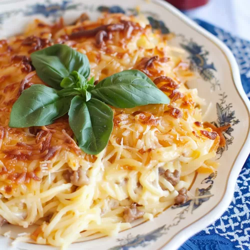 Close-up of a golden-brown baked spaghetti casserole topped with melted cheese, served on a vintage floral plate with parsley garnish.