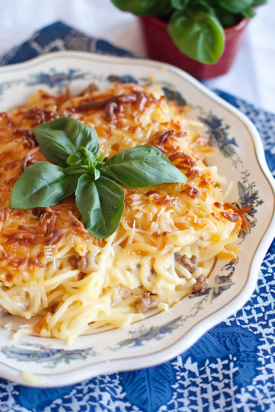 Close-up of a golden-brown baked spaghetti casserole topped with melted cheese, served on a vintage floral plate with parsley garnish.