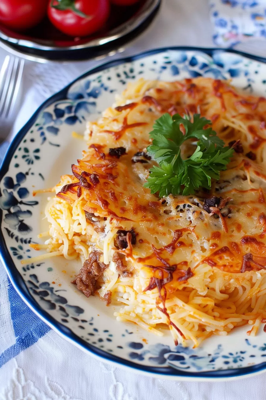 A portion of creamy, cheesy baked spaghetti on a blue and white dish, garnished with fresh parsley and served with tomatoes in the background.