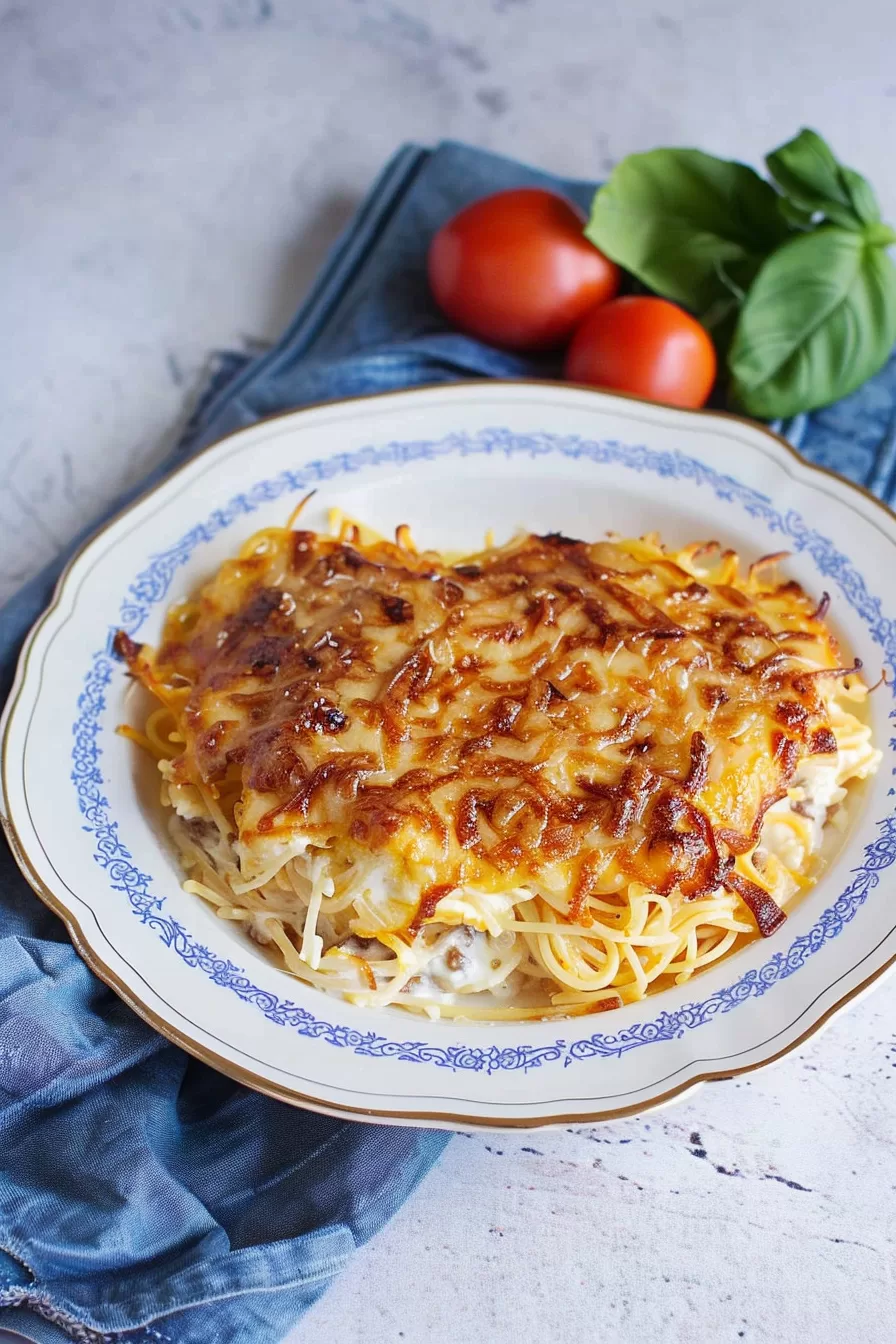 A slice of baked cream cheese spaghetti served on a white plate with a golden cheese crust, resting on a rustic blue cloth with tomatoes and basil nearby.