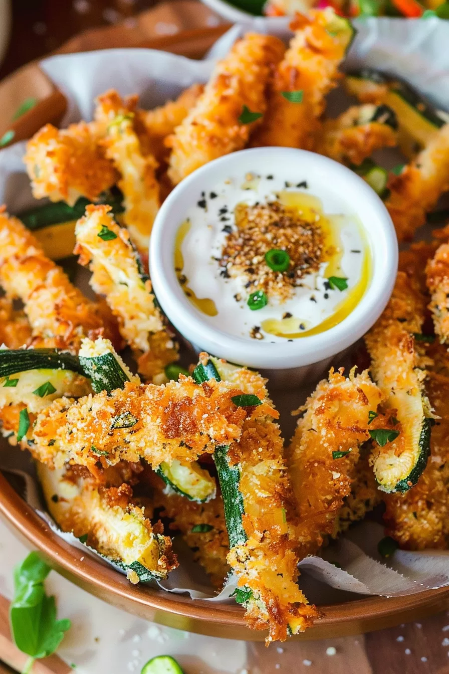 Close-up of baked zucchini fries coated in parmesan and breadcrumbs.