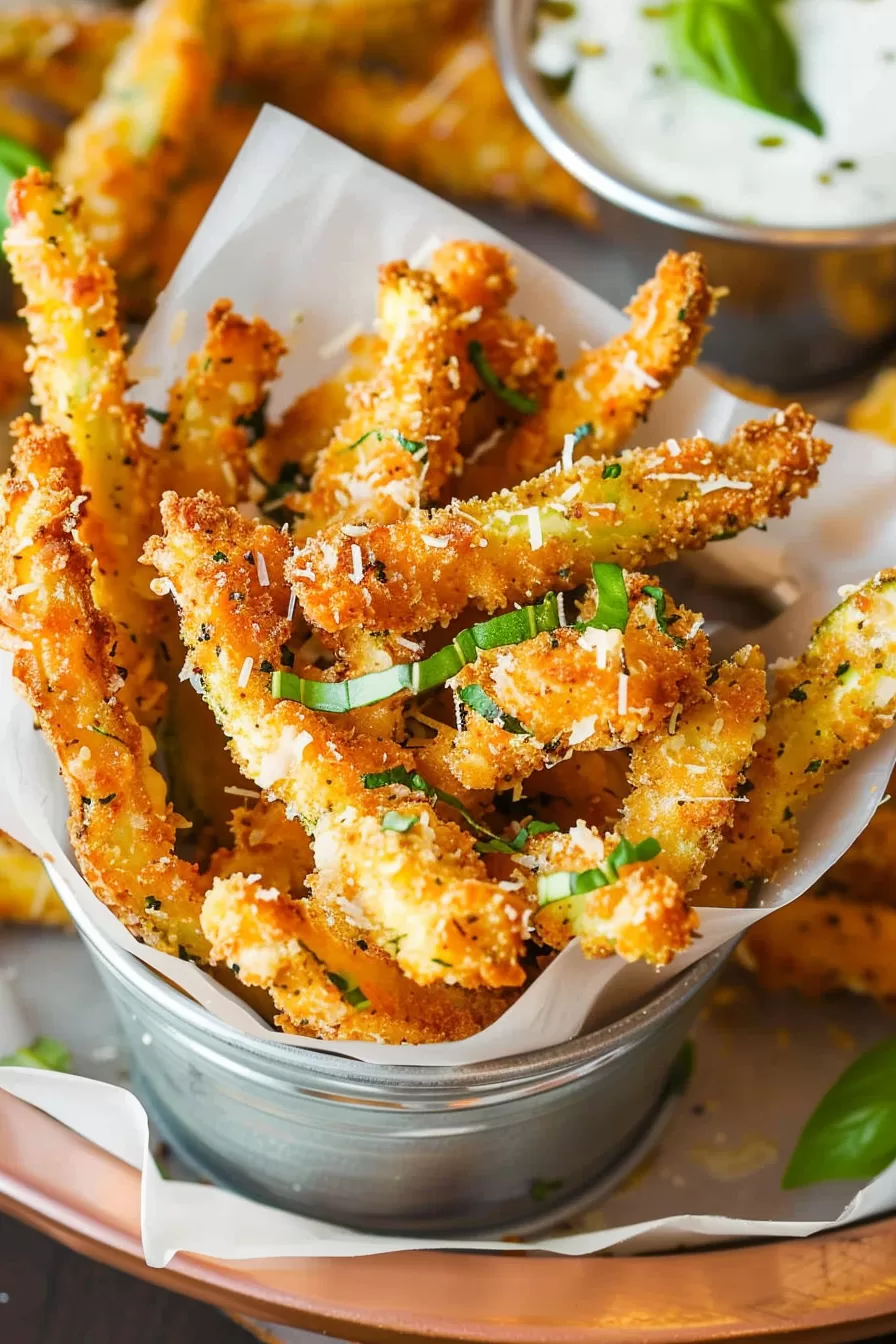 Golden and crispy zucchini fries served with a creamy dipping sauce.