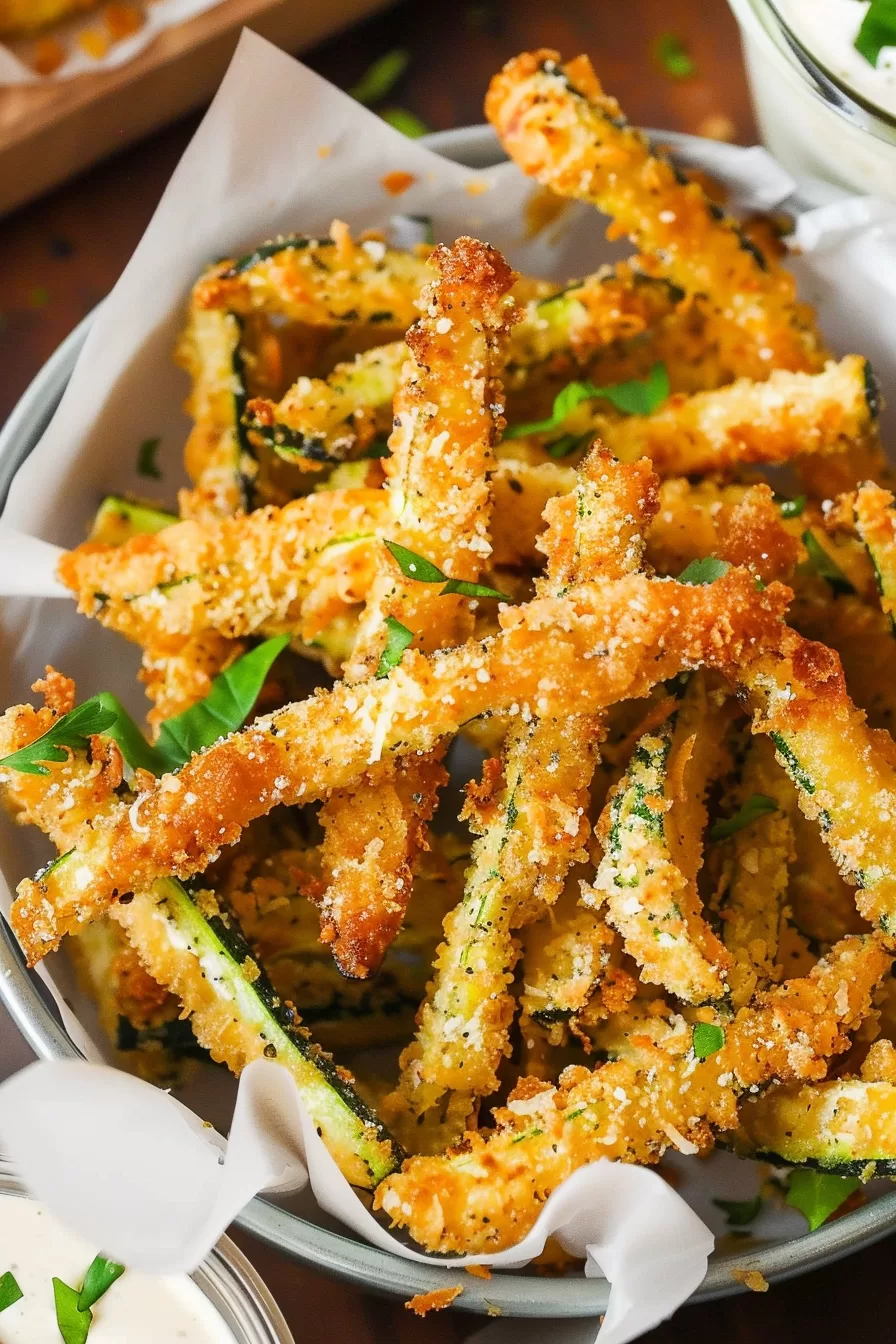 Bowl of crispy parmesan zucchini fries garnished with fresh herbs.