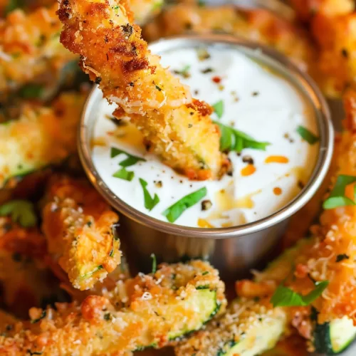 Zucchini fries perfectly baked to a golden brown with a side of dip.