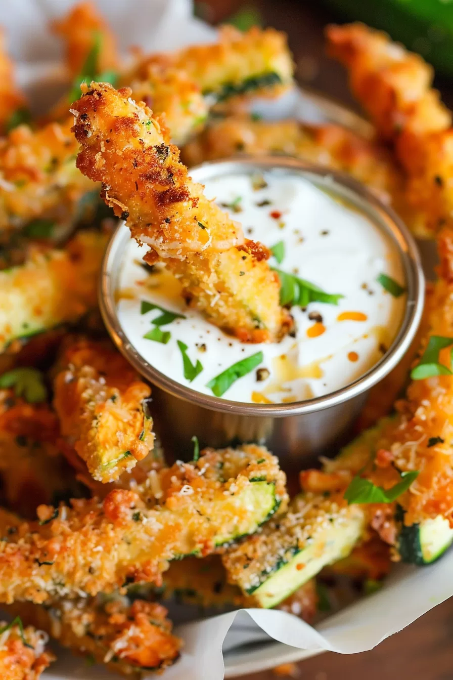 Zucchini fries perfectly baked to a golden brown with a side of dip.