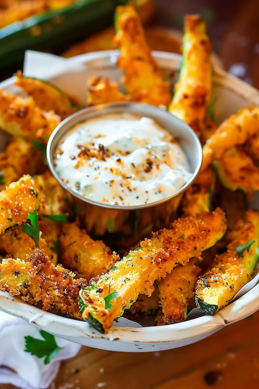 Crunchy baked zucchini sticks with a sprinkle of parmesan cheese and herbs.