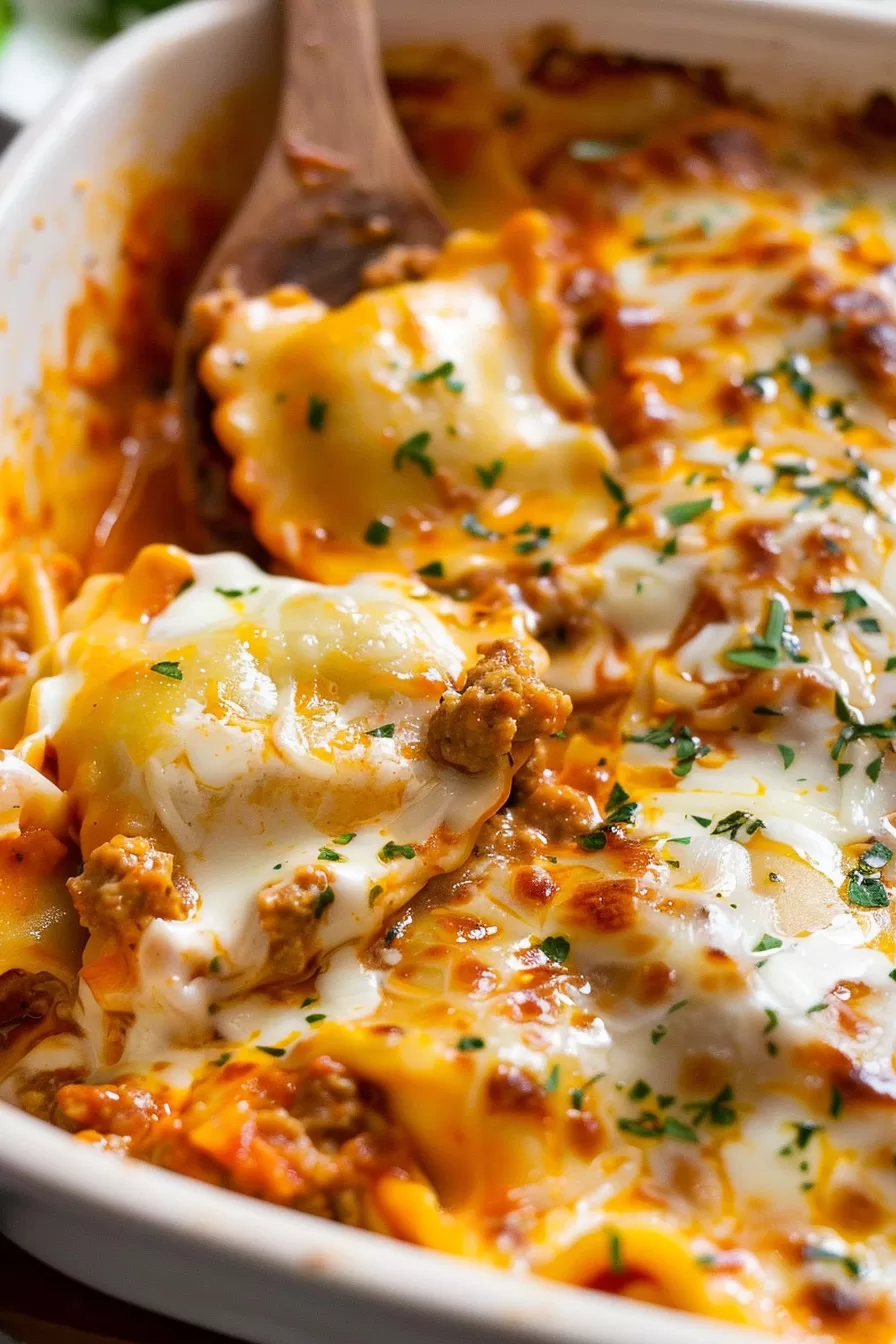 Close-up of a cheesy baked ravioli casserole with layers of ravioli, marinara sauce, and melted mozzarella, garnished with fresh parsley.