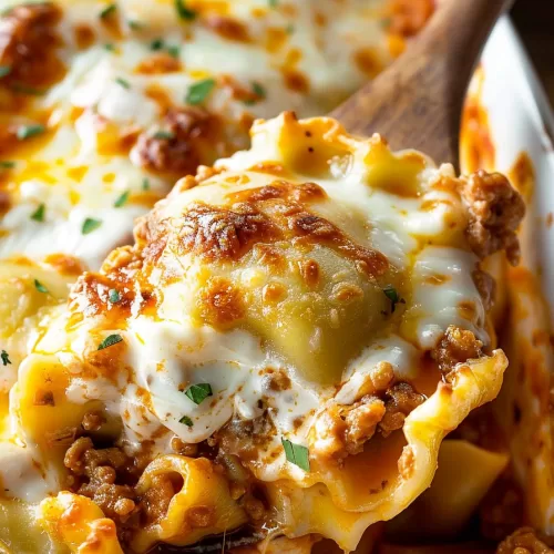 Baked ravioli casserole straight out of the oven, with a wooden spoon lifting a portion to reveal layers of cheese, sauce, and pasta.