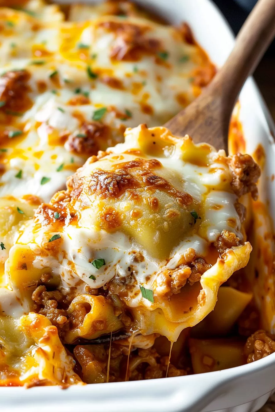 Baked ravioli casserole straight out of the oven, with a wooden spoon lifting a portion to reveal layers of cheese, sauce, and pasta.