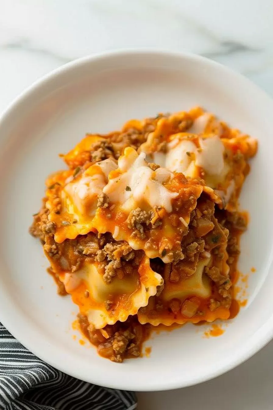 A serving of baked ravioli casserole on a white plate, highlighting gooey melted cheese, tender pasta, and savory meat sauce.