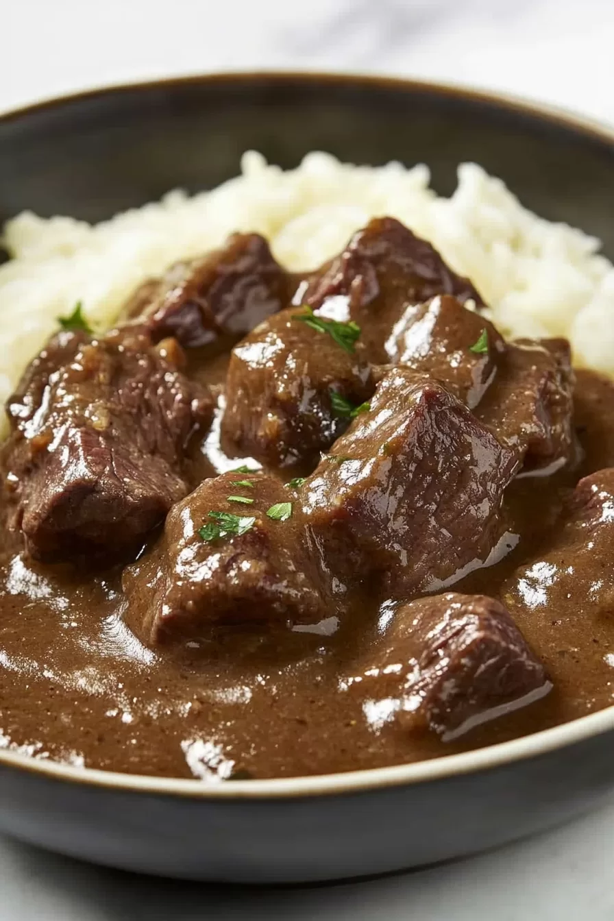 A hearty serving of slow-cooked beef tips in gravy, garnished with fresh parsley, paired with creamy mashed potatoes.