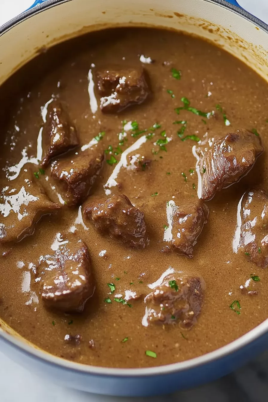 A close-up of tender beef tips smothered in rich, brown gravy served over fluffy mashed potatoes in a bowl.