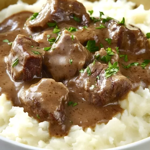 Thick, juicy beef chunks drenched in savory brown gravy, plated with mashed potatoes in a deep bowl.