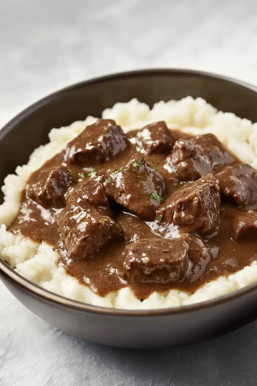 A pot filled with simmering beef tips in a smooth, velvety gravy, garnished with herbs for a rustic finish.