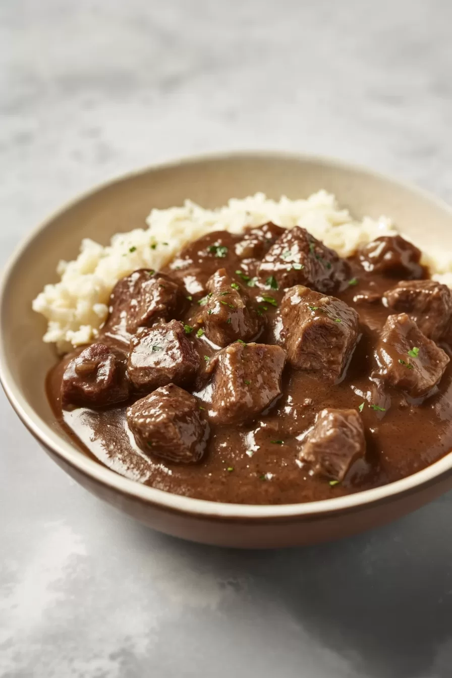 A comforting dish of beef tips and gravy served alongside mashed potatoes, showcasing the glossy texture of the gravy.