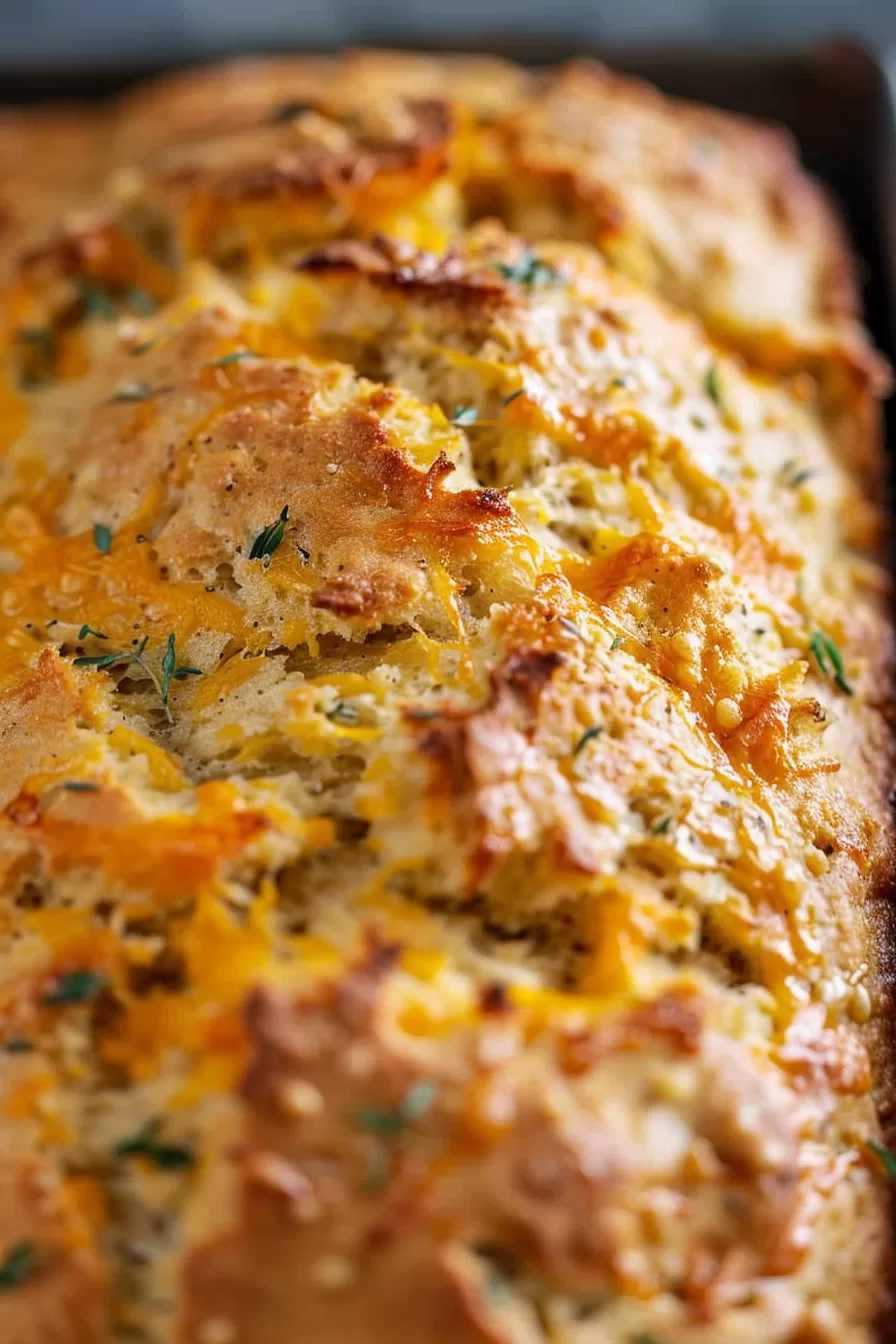 A close-up view of freshly baked beer bread, golden and topped with melted cheddar cheese and herbs.