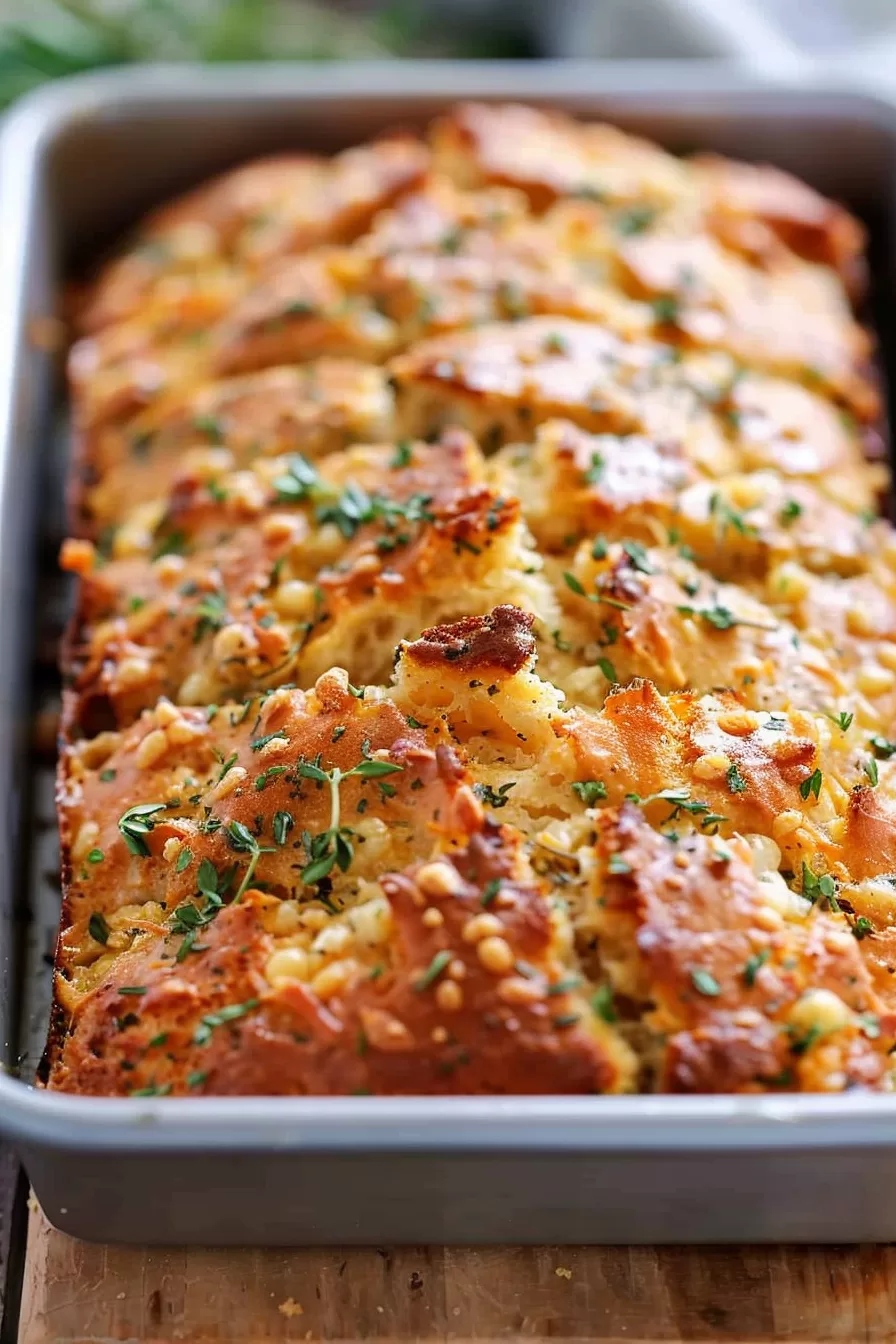 A loaf of beer bread in a baking pan, garnished with melted cheese and fresh thyme.