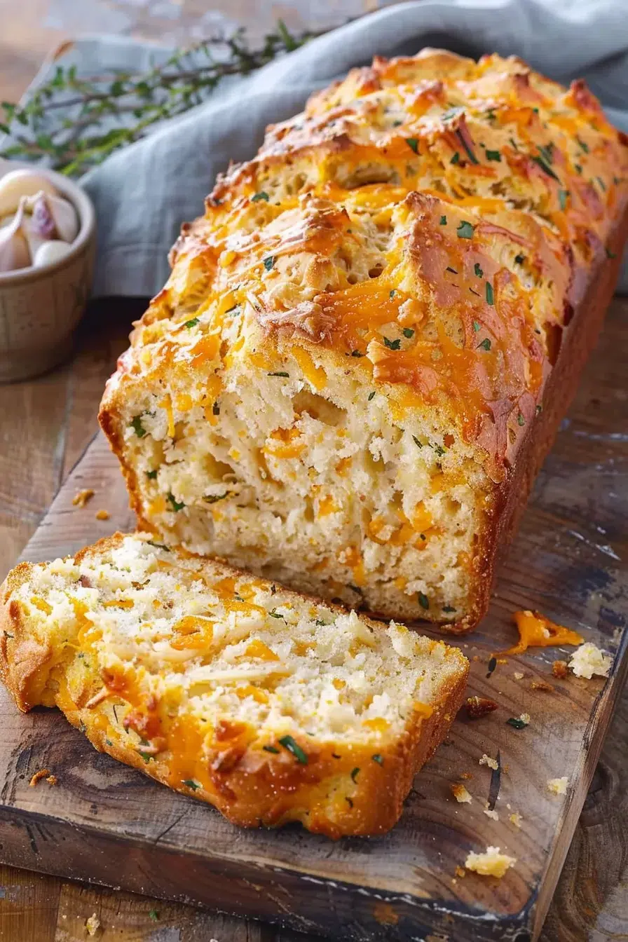 Slices of beer bread showcasing the soft, cheesy interior with a crispy, golden crust.