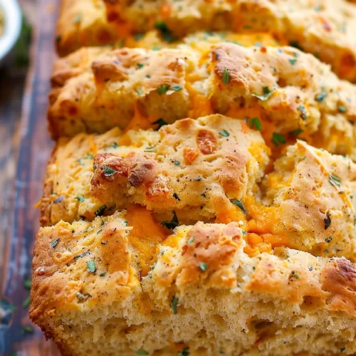 A rustic wooden board with a loaf of cheddar beer bread, surrounded by fresh herbs.