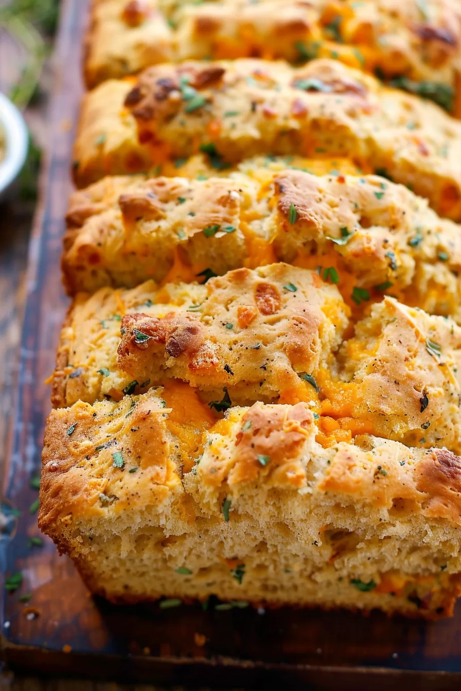 A rustic wooden board with a loaf of cheddar beer bread, surrounded by fresh herbs.