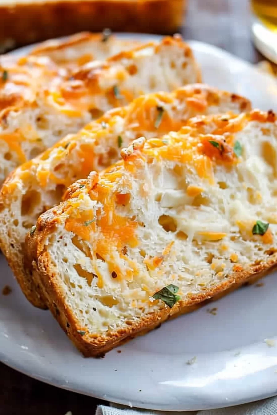 A plate of beer bread slices highlighting the fluffy texture and cheddar cheese swirls.