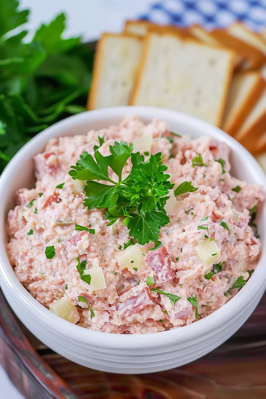 A serving of homemade bologna salad with fresh herbs and chopped pickles, paired with crackers.