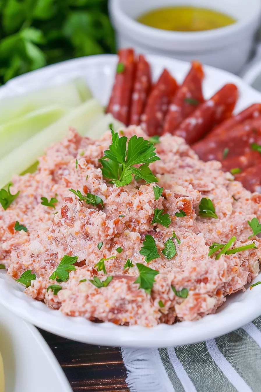 Bologna salad on a charcuterie board with celery sticks, salami slices, and dipping sauce.