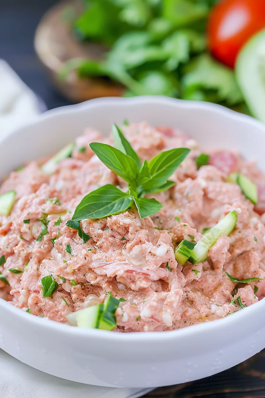 Close-up of a creamy bologna salad in a white bowl, garnished with fresh parsley and diced cheese.