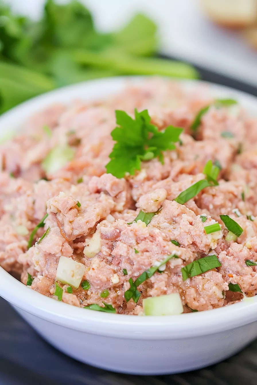 A bowl of bologna salad mixed with mayonnaise and finely chopped vegetables, topped with a parsley sprig.