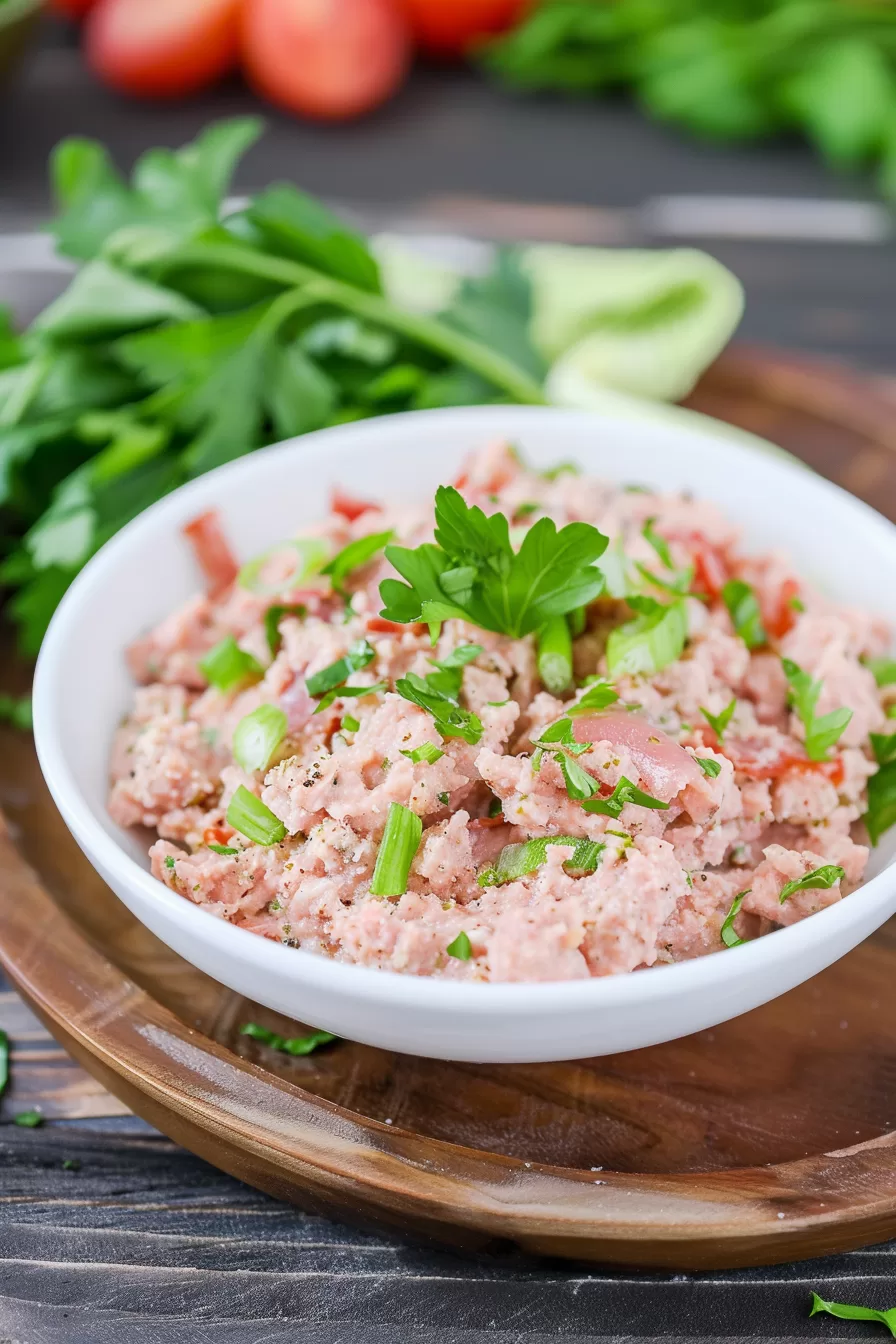 A rustic bowl of bologna salad featuring finely diced bologna, mayonnaise, and fresh herbs, ready to serve.