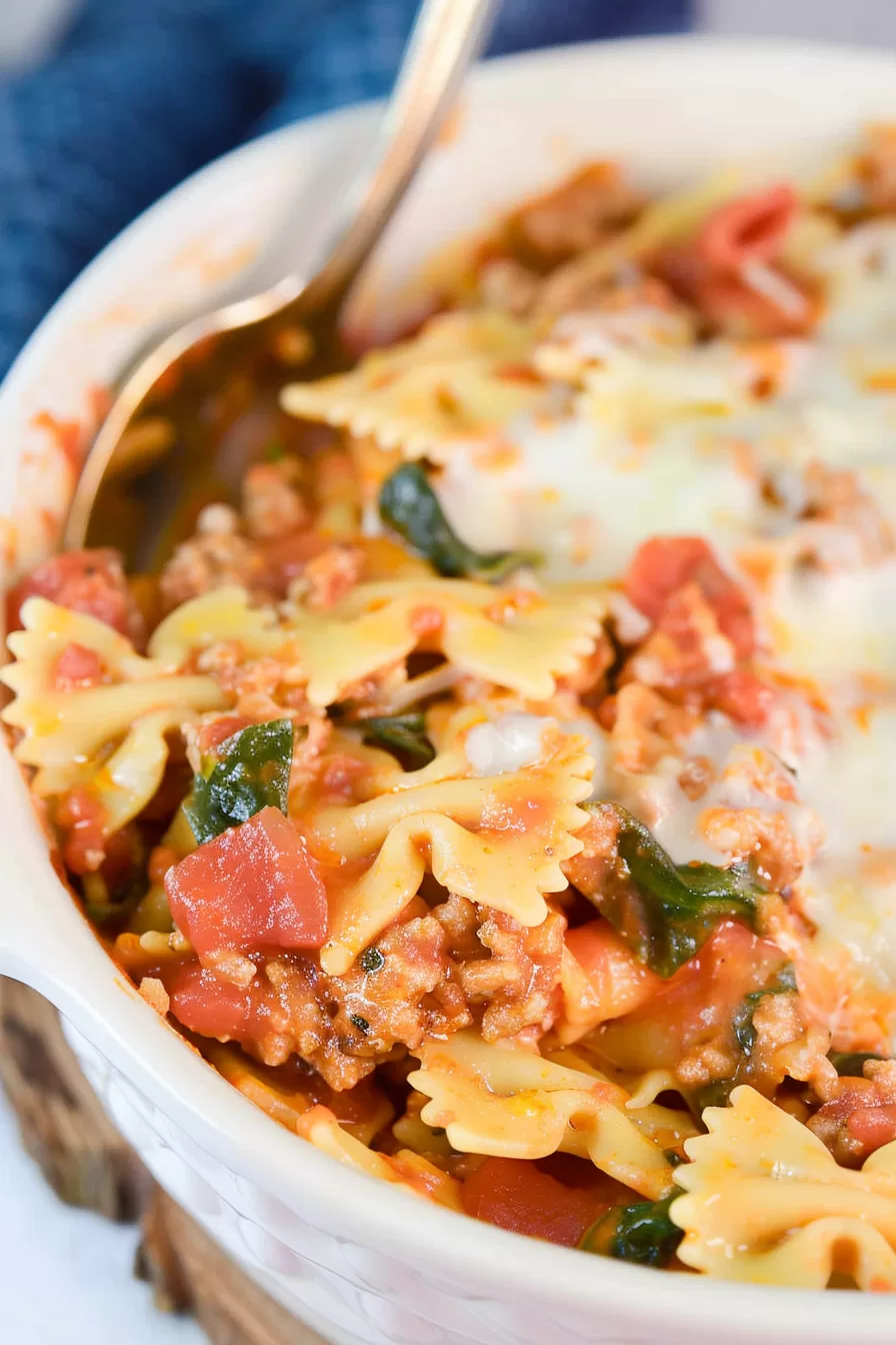 A comforting bowl of cheesy bowtie pasta casserole featuring vibrant vegetables and hearty ground beef, garnished with fresh herbs.