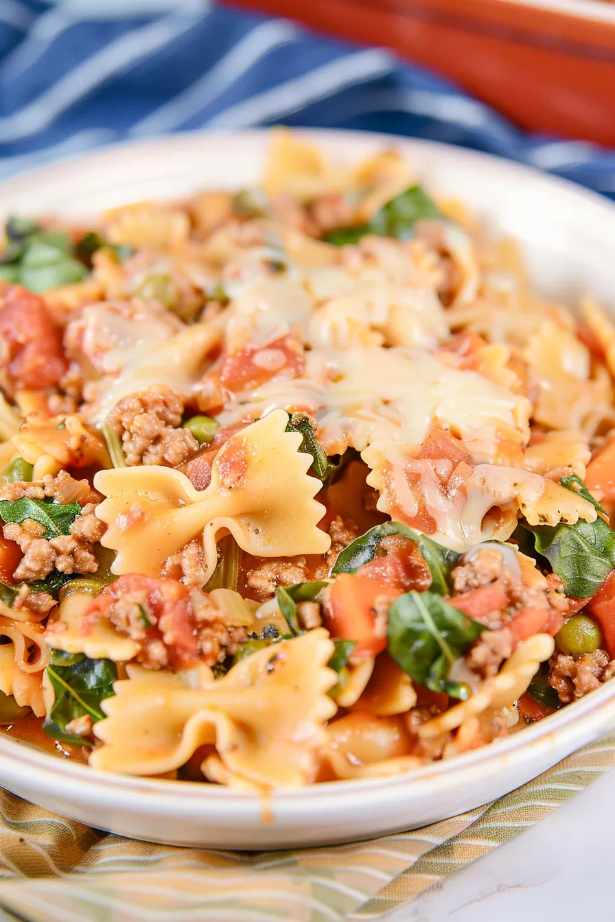 A plate of creamy and cheesy bowtie pasta with chunks of tomatoes and greens, perfectly cooked for a satisfying meal.