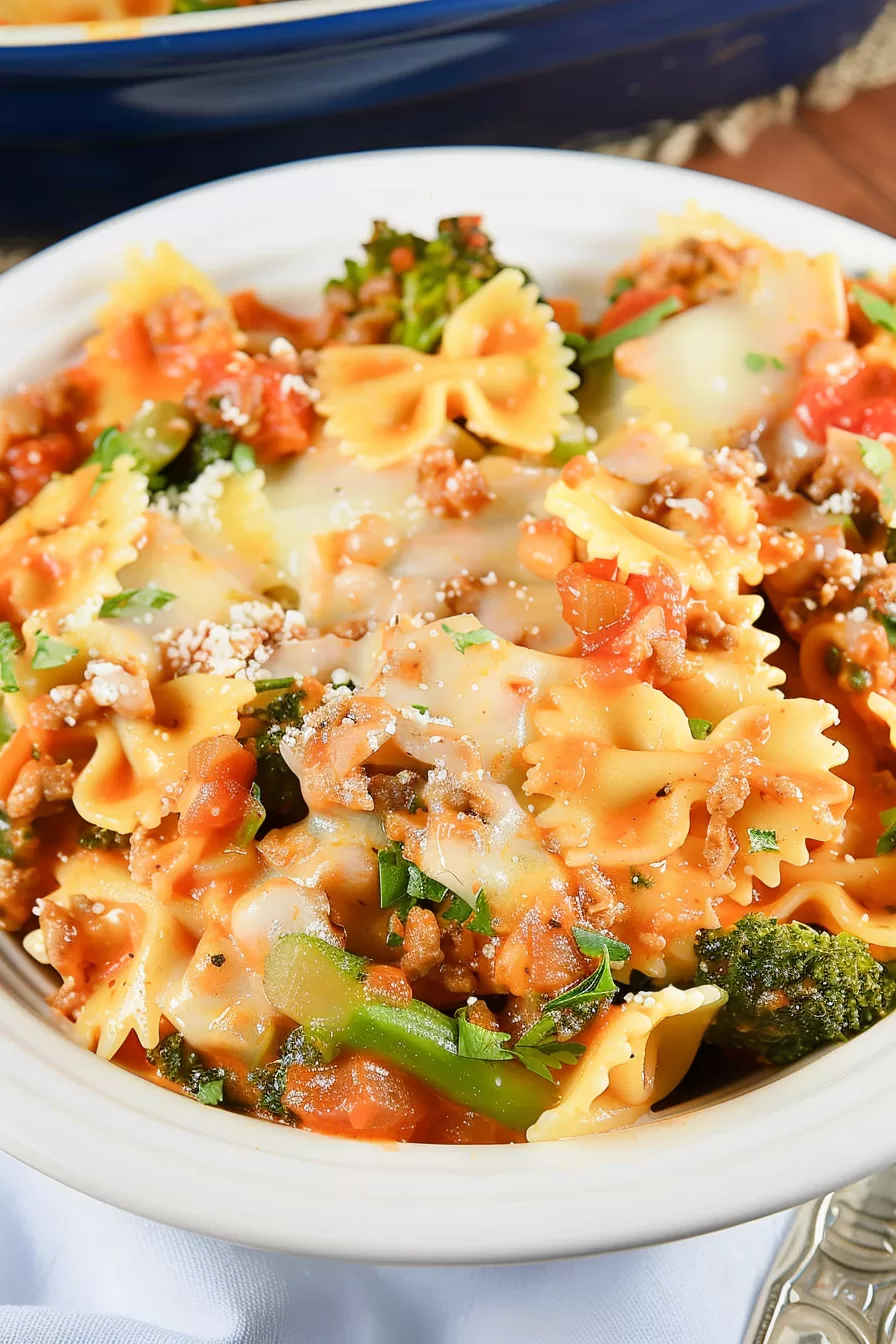 Golden and bubbly bowtie pasta casserole fresh out of the crockpot, topped with melted cheese and vibrant greens.