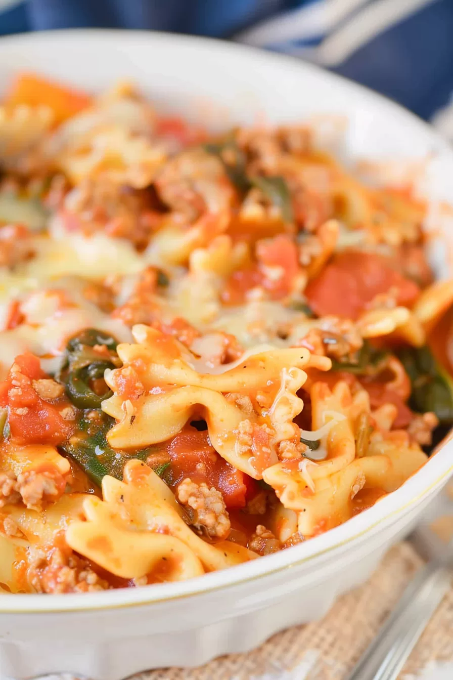 A serving of hearty bowtie pasta casserole with a rich tomato-based sauce, melted cheese, and a sprinkle of fresh parsley