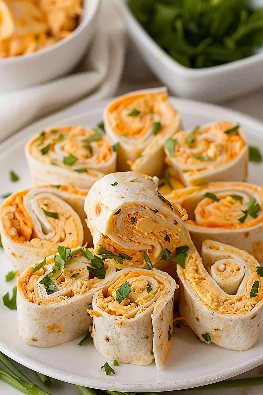 Buffalo Chicken Pinwheels arranged in a circular pattern, highlighting their vibrant orange and white filling.