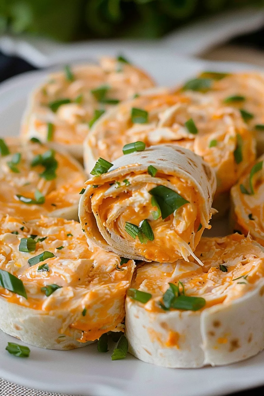 A close-up view of creamy Buffalo Chicken Pinwheels, garnished with fresh parsley on a white plate.