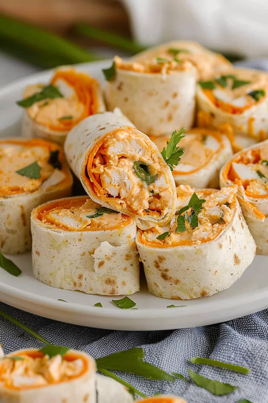 A stack of Buffalo Chicken Pinwheels showcasing the soft tortilla wraps and rich chicken filling.