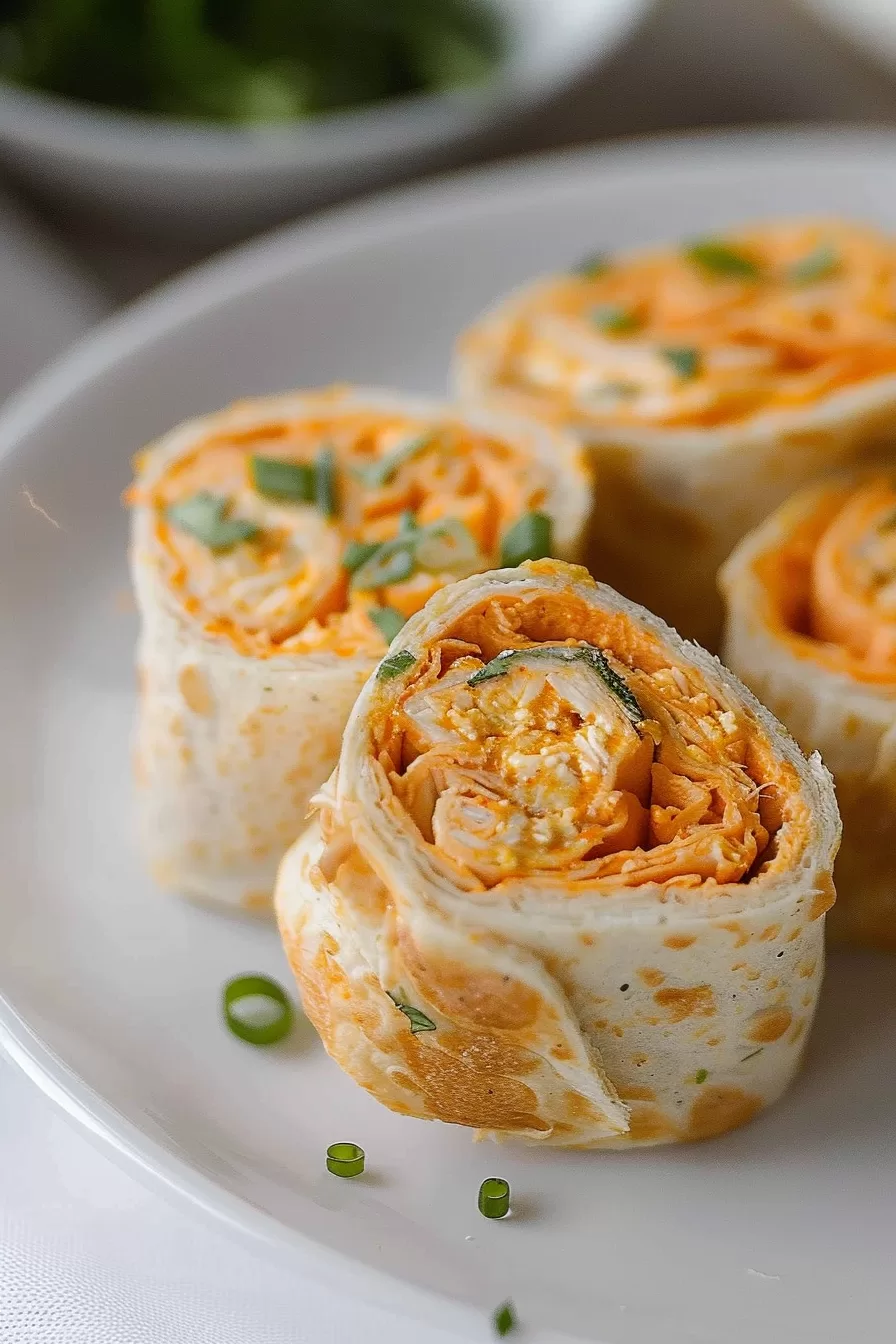 A close look at a Buffalo Chicken Pinwheel slice, emphasizing the creamy buffalo sauce and tender chicken filling.