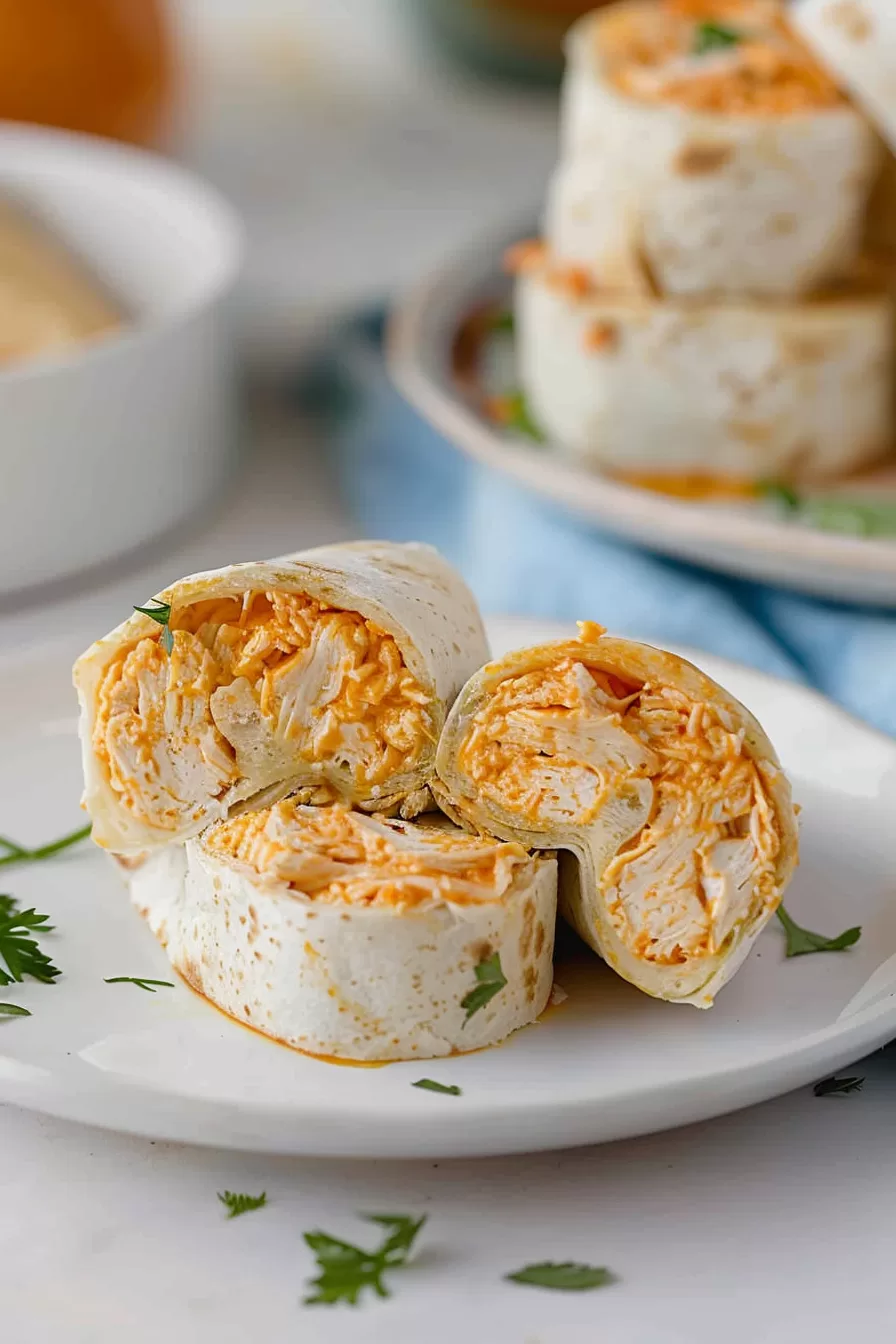 A plate of freshly made Buffalo Chicken Pinwheels, topped with chopped green onions for a pop of color.